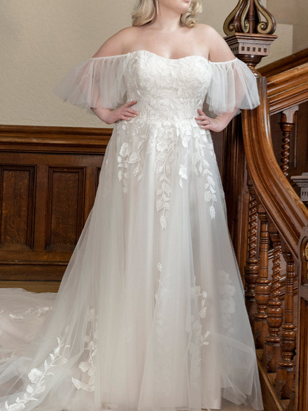 A-Line/Princess Off-the-shoulder Sweep Train Sleeveless Tulle Wedding Dresses With Appliques Lace BabaMila