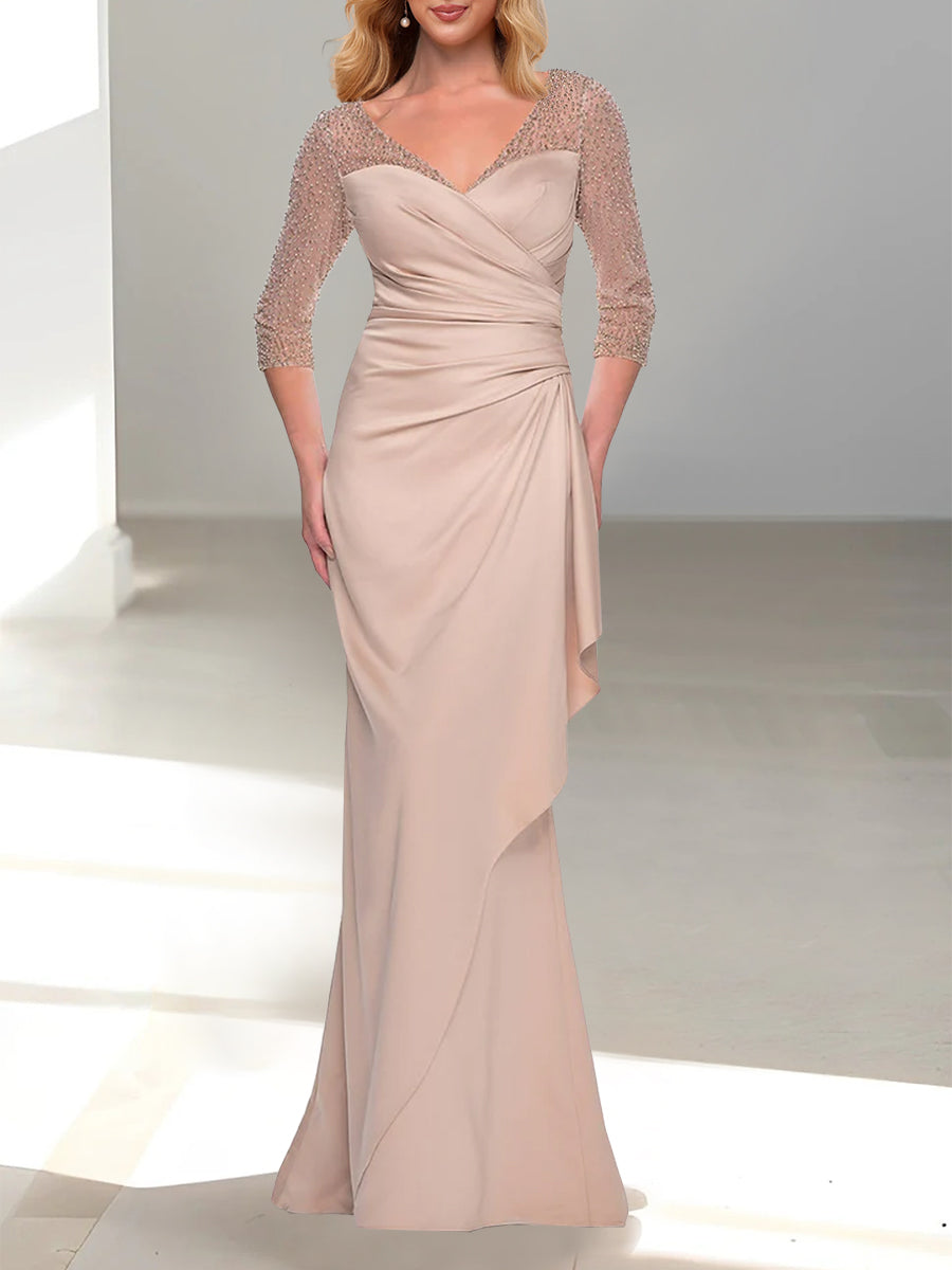 Trumpet/Mermaid V-Neck 3/4 Sleeves Mother Of The Bride Dresses With Beading BabaMila