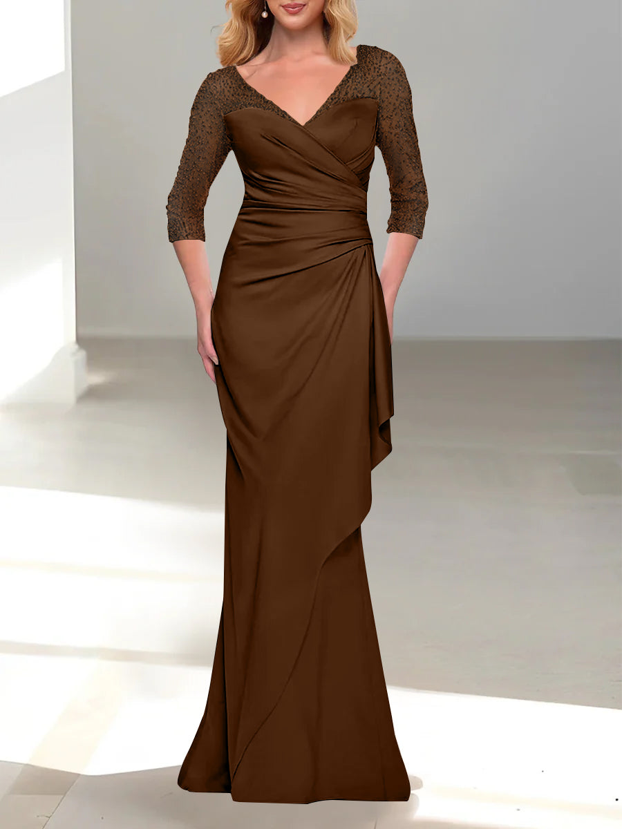 Trumpet/Mermaid V-Neck 3/4 Sleeves Mother Of The Bride Dresses With Beading BabaMila