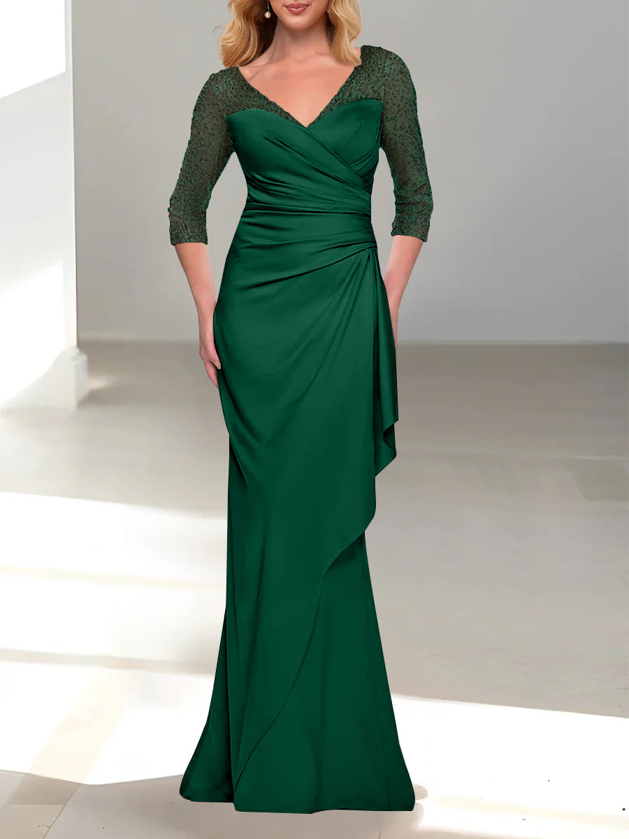 Trumpet/Mermaid V-Neck 3/4 Sleeves Mother Of The Bride Dresses With Beading BabaMila