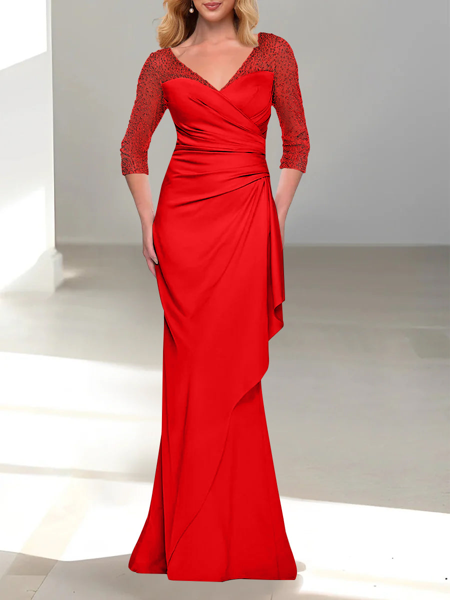 Trumpet/Mermaid V-Neck 3/4 Sleeves Mother Of The Bride Dresses With Beading BabaMila