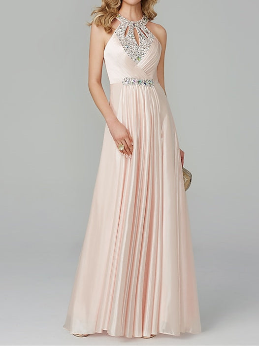 A-Line/Princess Sleeveless Halter Neck Floor-Length Prom Dresses with Crystals BabaMila