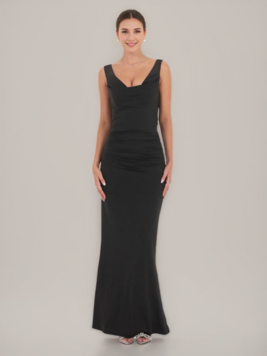 Sheath/Column Cowl Neck Ruched Backless Prom Dresses with Pearls BabaMila