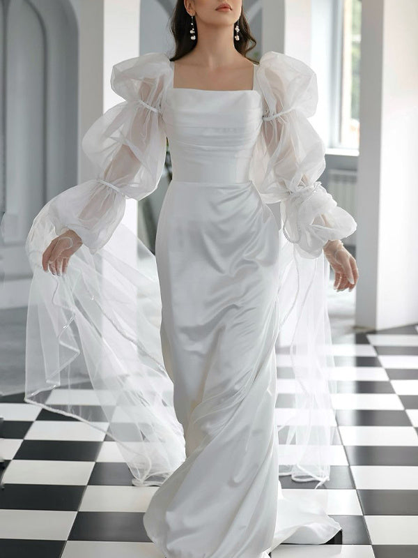 Sheath/Column Square Neckline Long Sleeves Sweep Train Satin Chiffon Wedding Dresses BabaMila