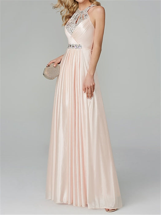 A-Line/Princess Sleeveless Halter Neck Floor-Length Prom Dresses with Crystals BabaMila