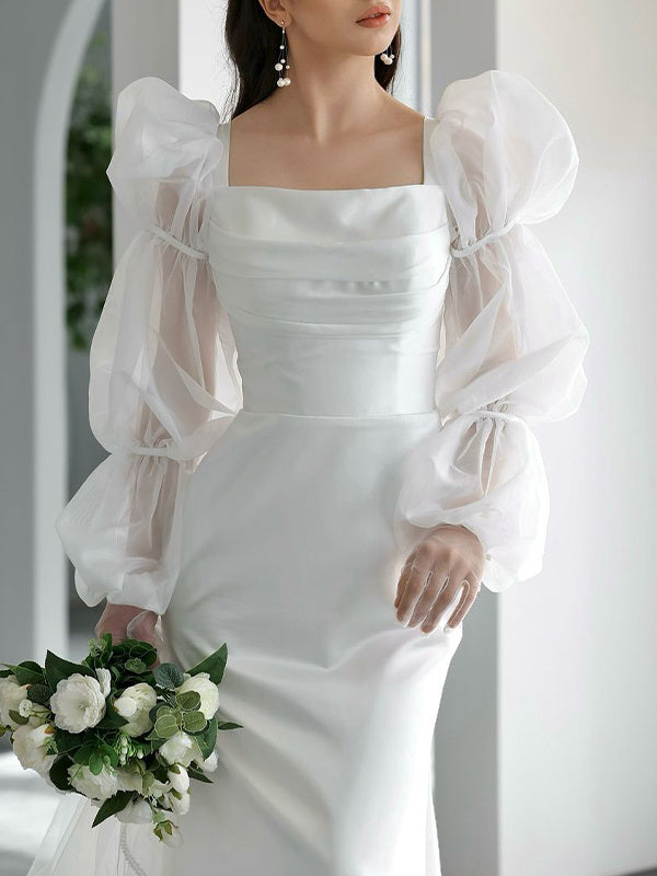 Sheath/Column Square Neckline Long Sleeves Sweep Train Satin Chiffon Wedding Dresses BabaMila