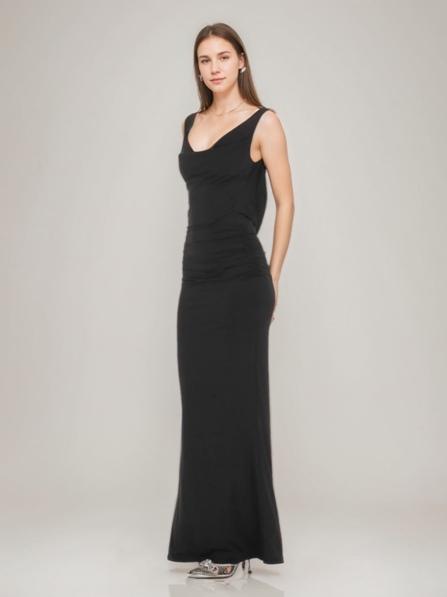 Sheath/Column Cowl Neck Ruched Backless Prom Dresses with Pearls BabaMila