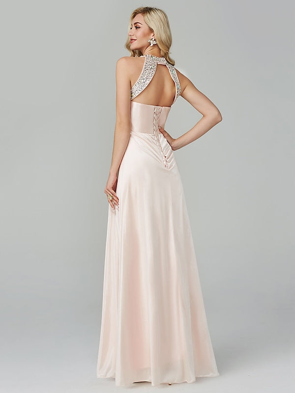 A-Line/Princess Sleeveless Halter Neck Floor-Length Prom Dresses with Crystals BabaMila