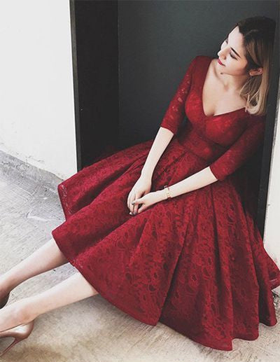 Homecoming Dress Burgundy Tea-length Short Prom Dress Party Dress Homecoming Dress BabaMila