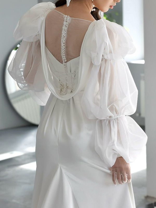 Sheath/Column Square Neckline Long Sleeves Sweep Train Satin Chiffon Wedding Dresses BabaMila