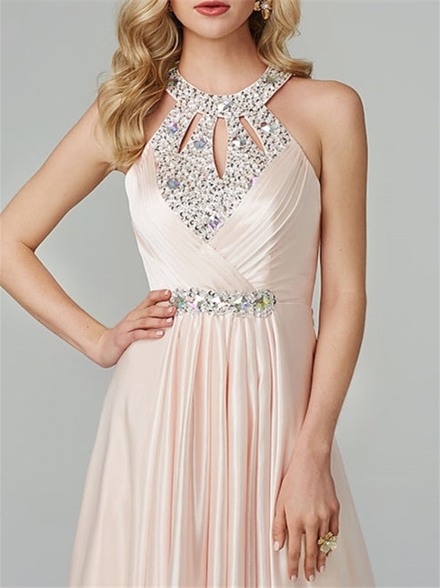 A-Line/Princess Sleeveless Halter Neck Floor-Length Prom Dresses with Crystals BabaMila