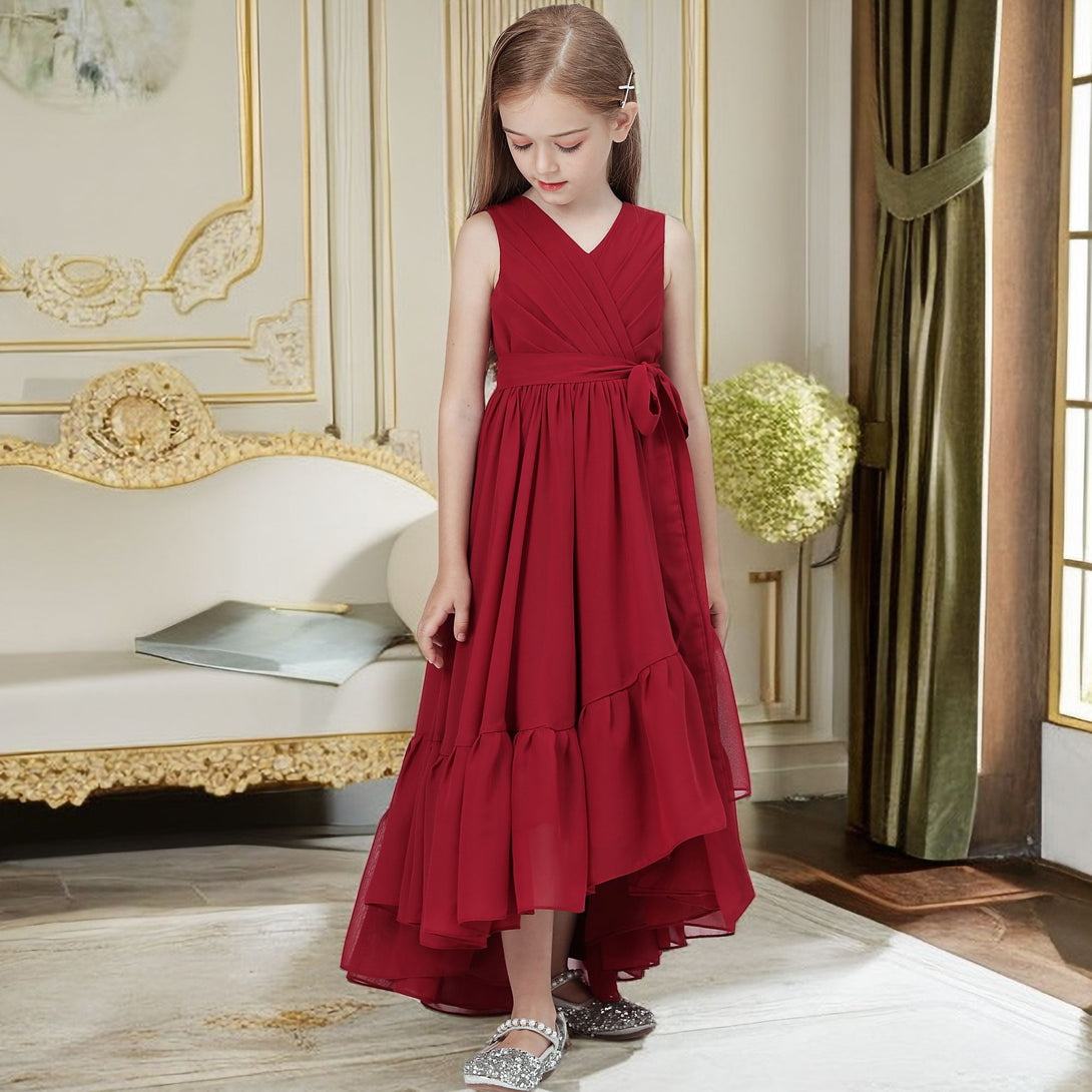 Asymmetrical Chiffon Junior Bridesmaid Dress/Girls Birthday Dresses With Pleated/Belt/Ruffled Gidiondress