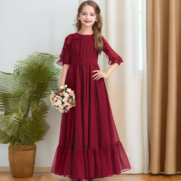 Scoop Neck Half Sleeve Floor-Length Chiffon Junior Bridesmaid Dress/Girls Birthday Dresses With Ruffled Hem/Pleated Girls Gidiondress