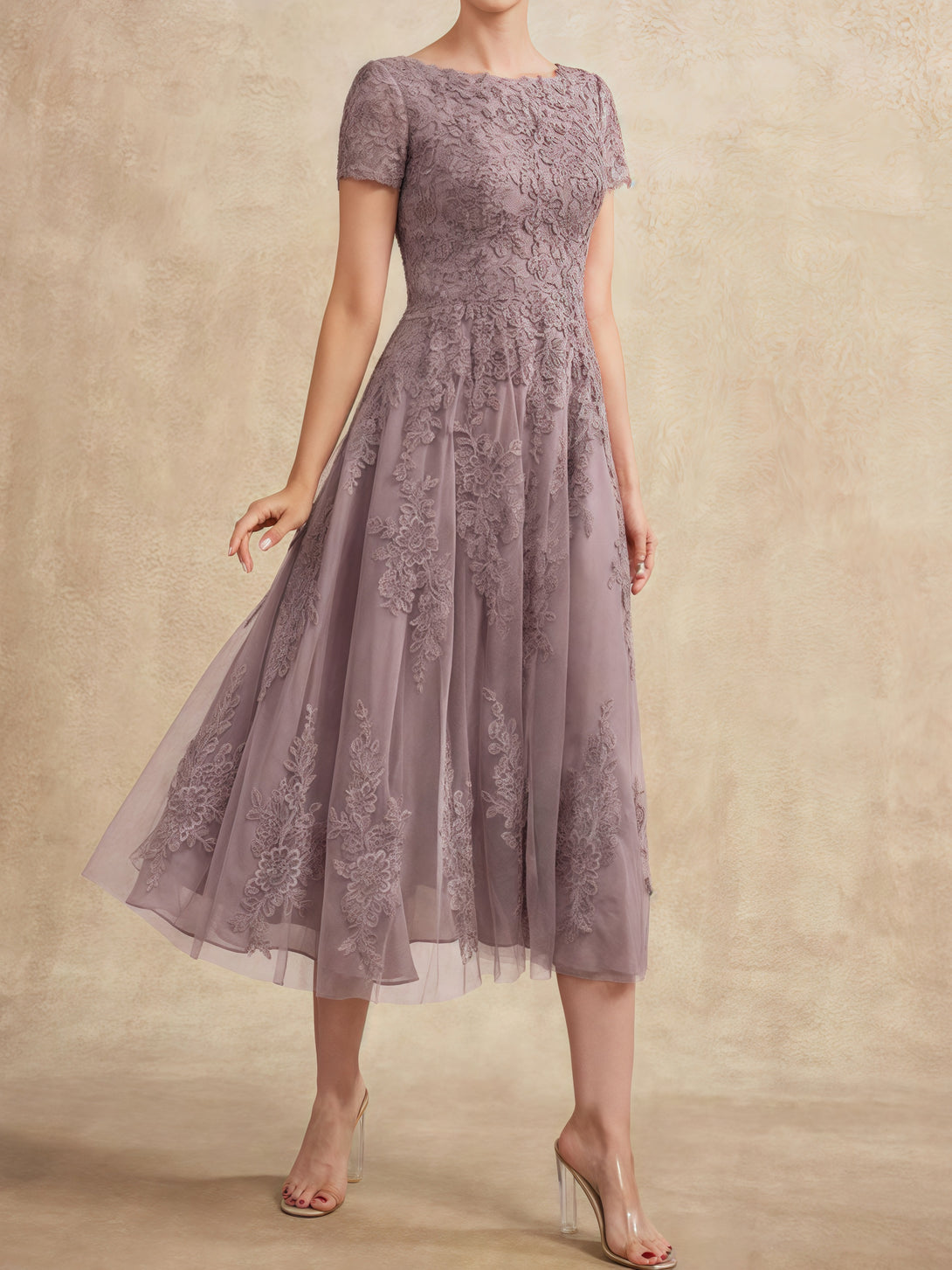 A-Line Scoop Neck Short Sleeve Tea-Length Tulle/Lace Mother of the Bride Dress With Appliques BabaMila