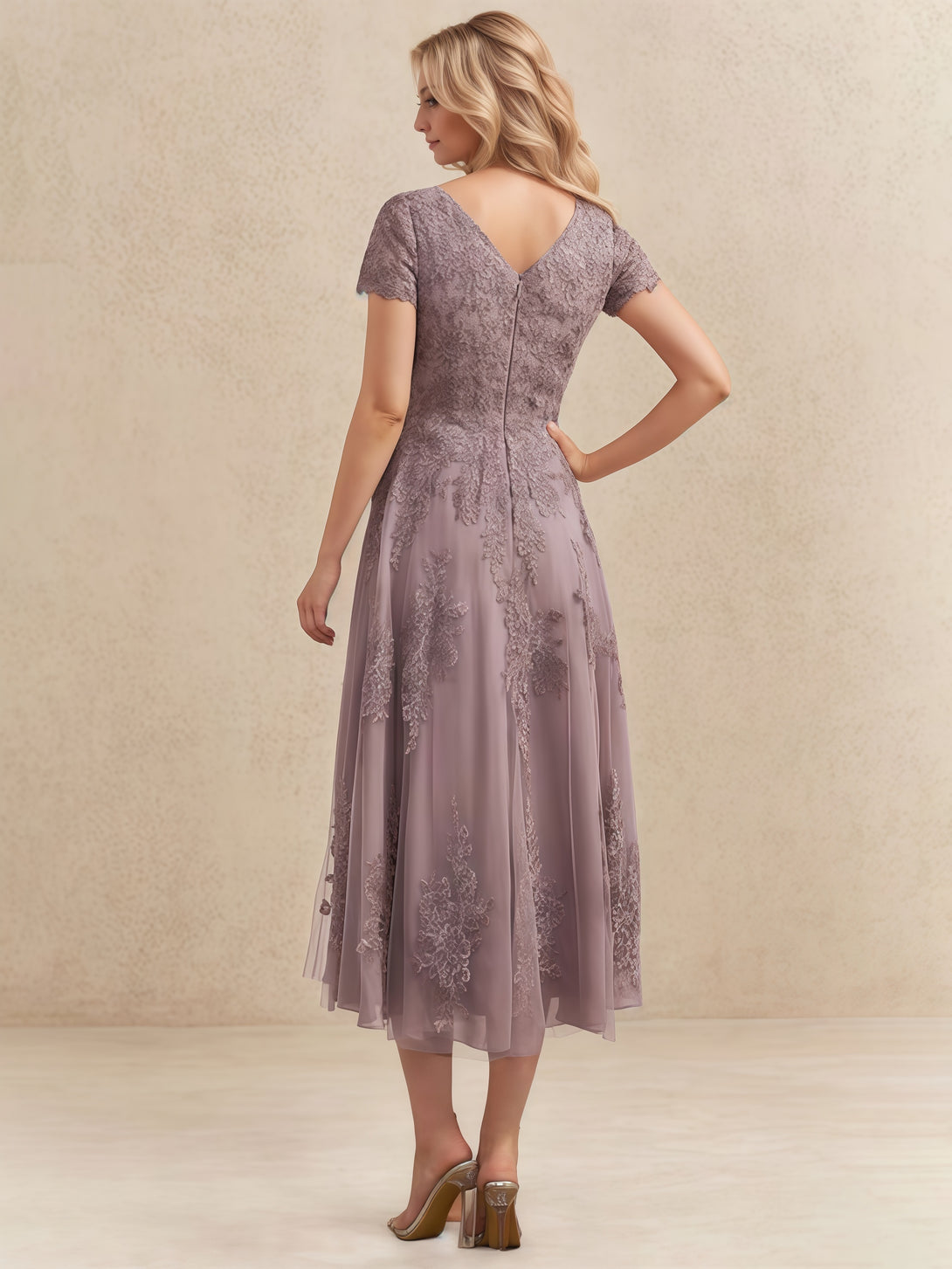 A-Line Scoop Neck Short Sleeve Tea-Length Tulle/Lace Mother of the Bride Dress With Appliques BabaMila