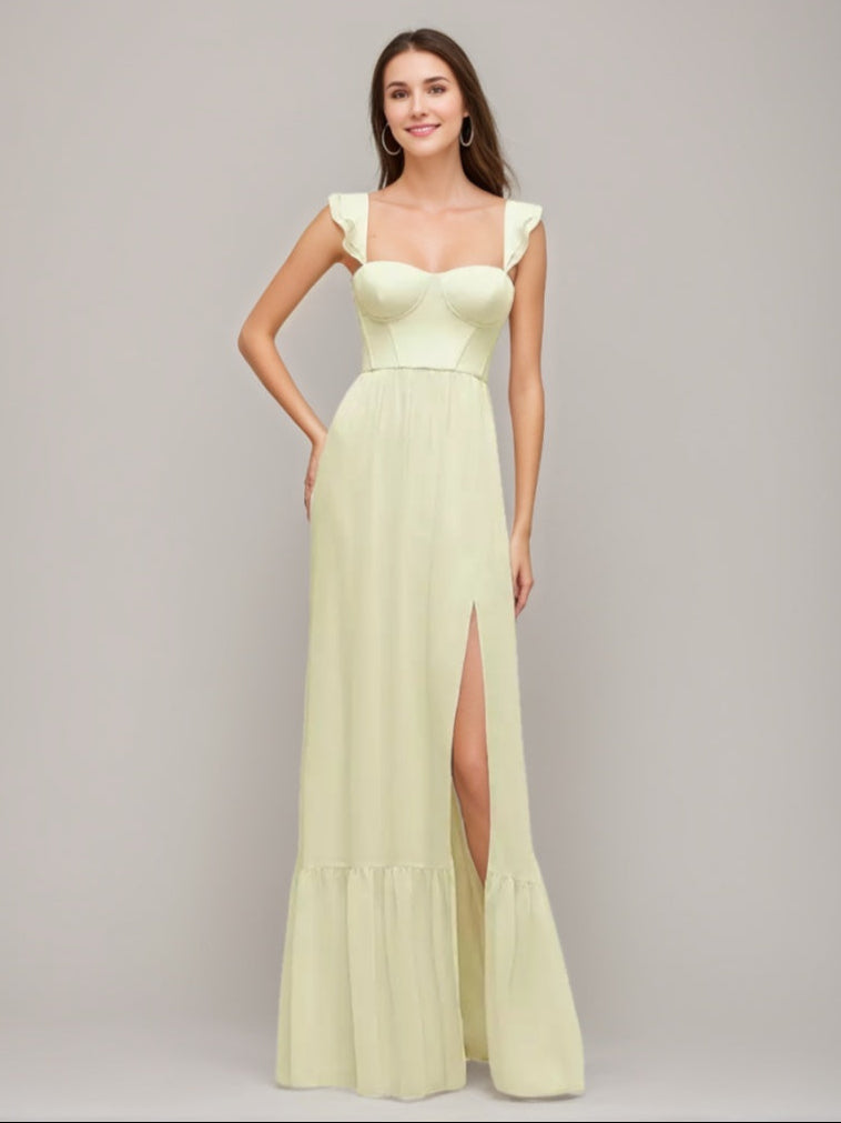 A-line/Princess Sweetheart Pleated Wedding Guest Dresses with Ruffle Straps & High Slit BabaMila