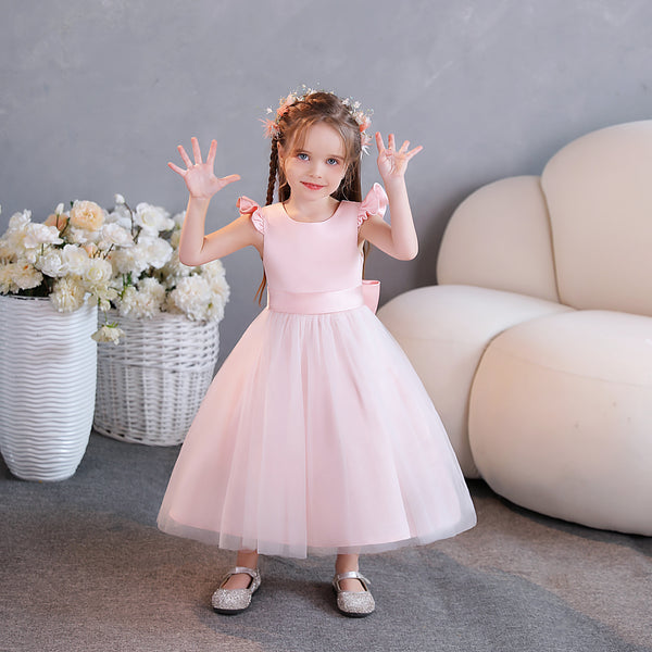 Ball Gown/Princess Scoop Neck Flutter Straps Tulle/Satin Tea-Length Flower Girl Dresses/Girls Birthday Dresses With Bow/Belt Girls Gidiondress