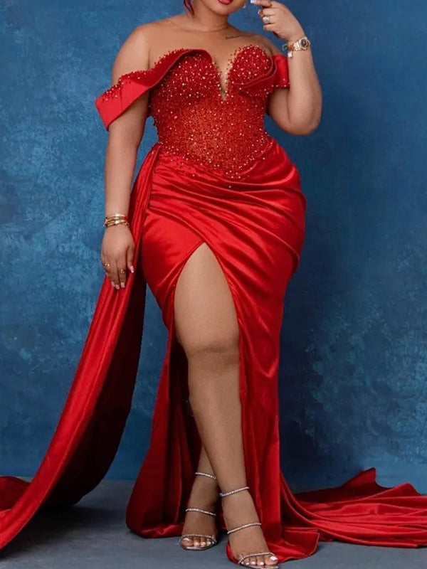Trumpet/Mermaid Sweetheart Sleeveless Sweep Train High Split Evening Dresses With Beads BabaMila