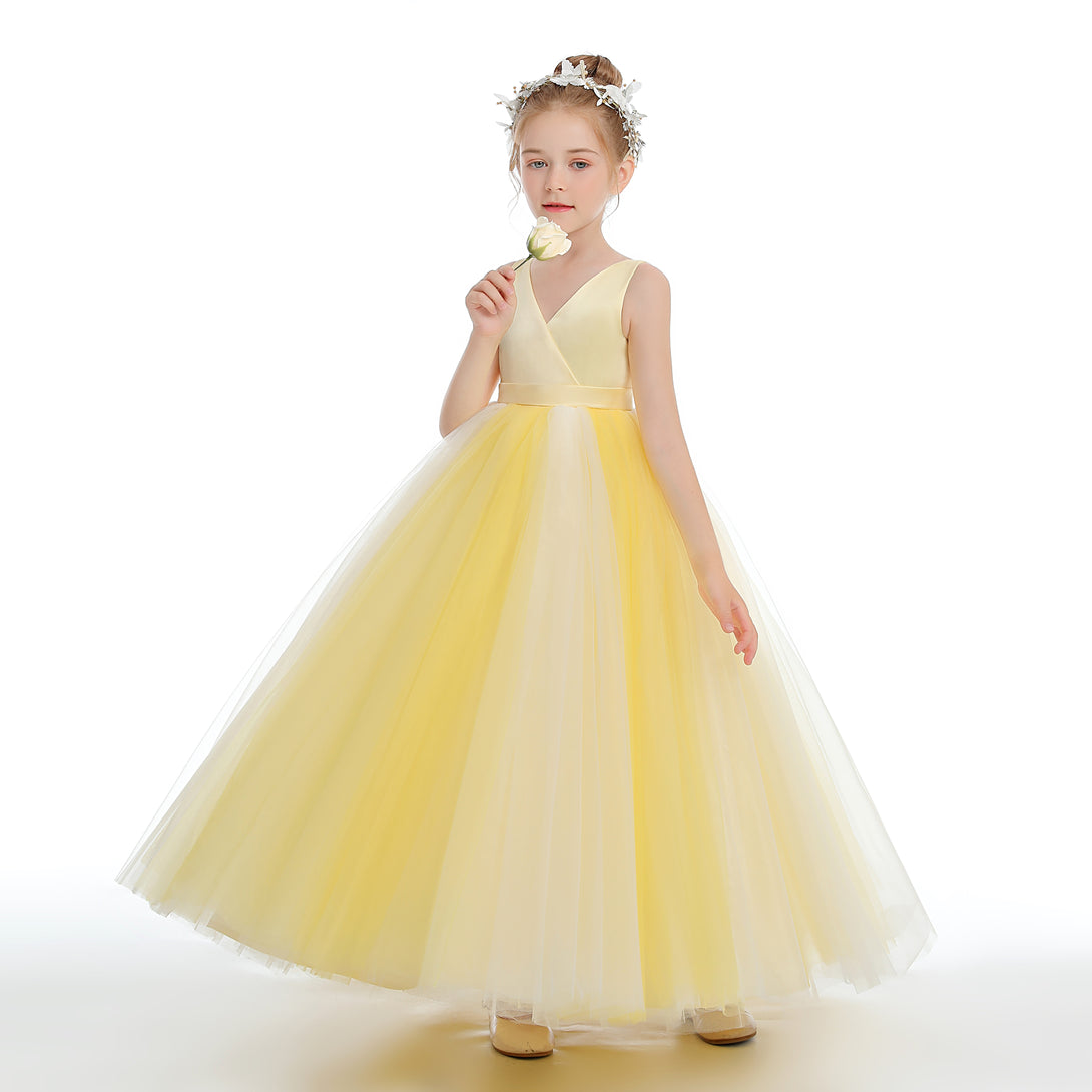 Ball Gown/Princess Sleeveless V-Neck Floor-Length Satin/Tulle Flower Girl Dresses With Belt Girls Gidiondress