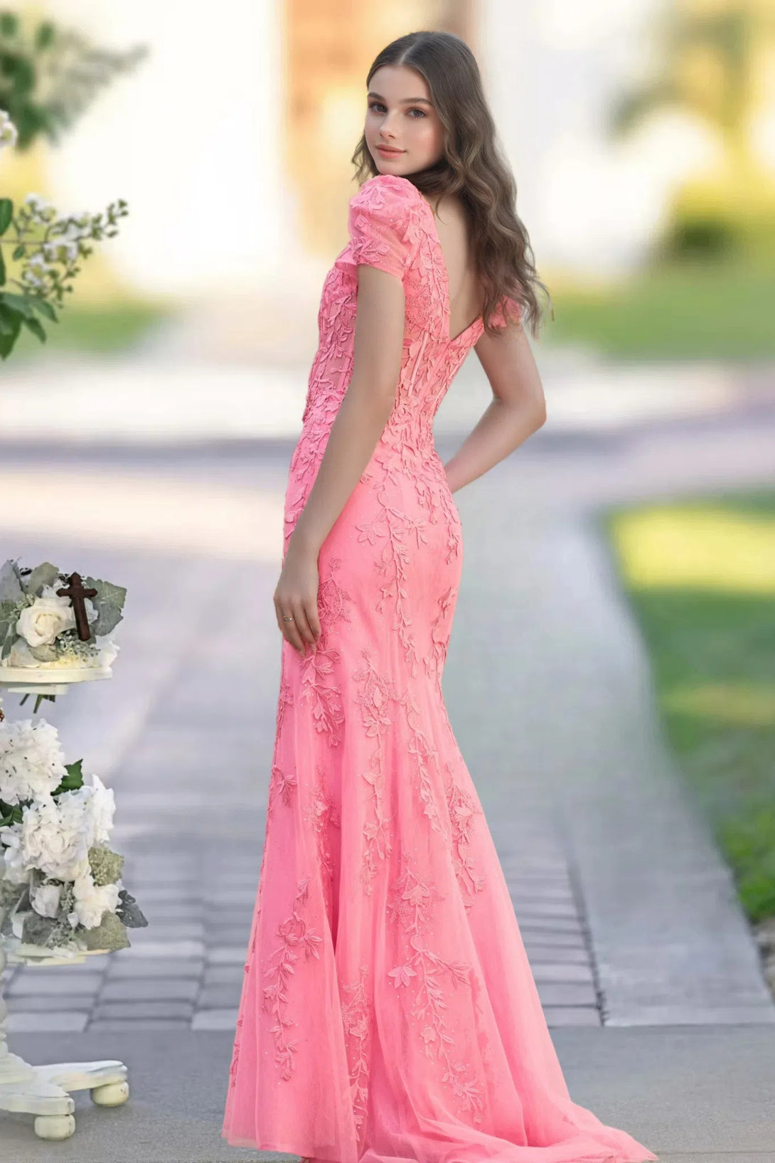 Trumpet/Mermaid Sweetheart Sweep Train Puff Sleeves Tulle Prom Dress with Appliqued Beading BabaMila