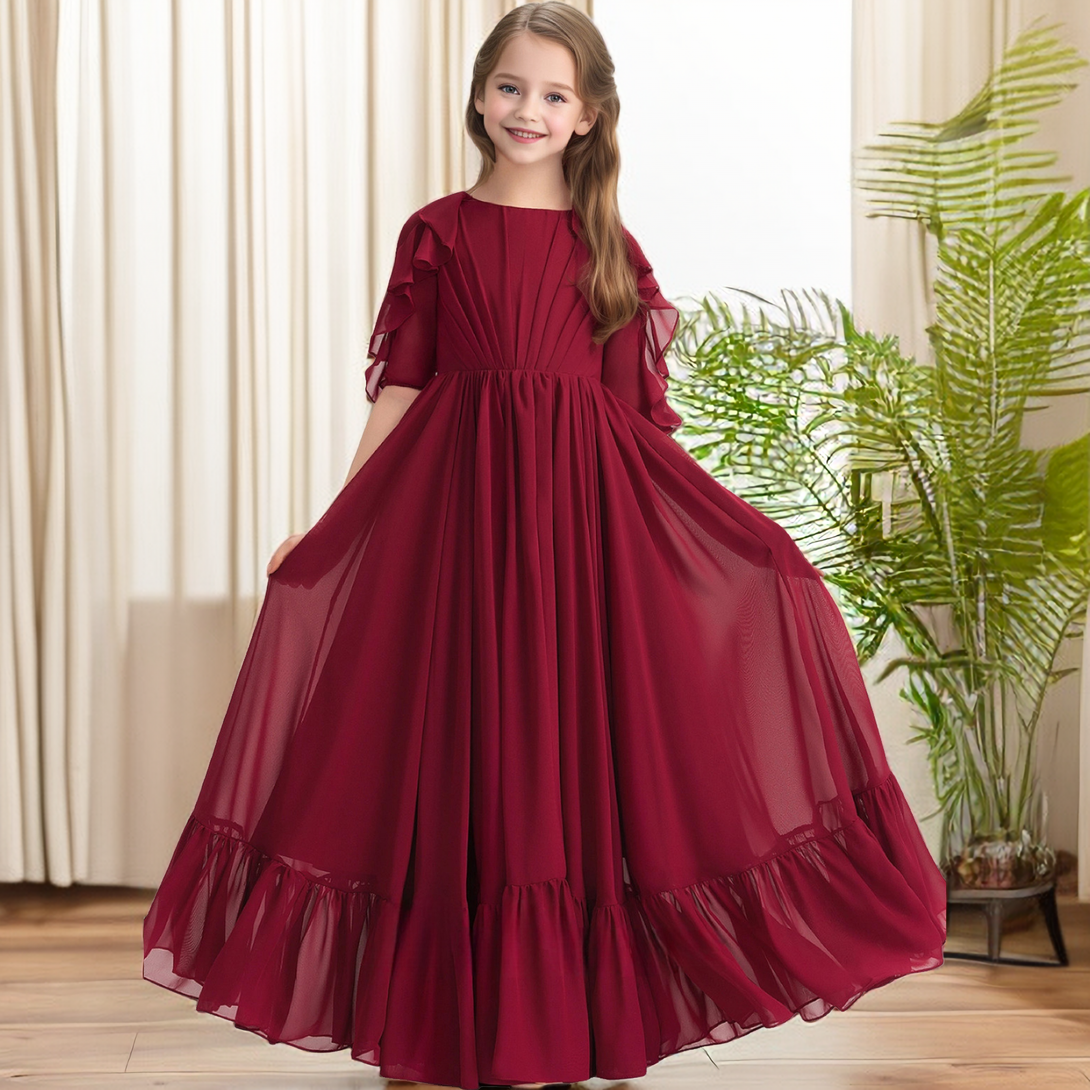 Scoop Neck Half Sleeve Floor-Length Chiffon Junior Bridesmaid Dress/Girls Birthday Dresses With Ruffled Hem/Pleated Girls Gidiondress