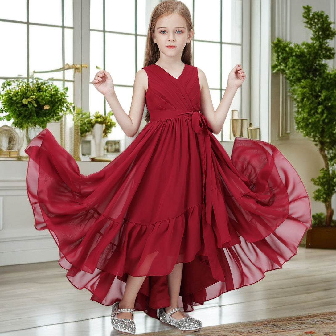 Asymmetrical Chiffon Junior Bridesmaid Dress/Girls Birthday Dresses With Pleated/Belt/Ruffled Gidiondress Burgundy 12M