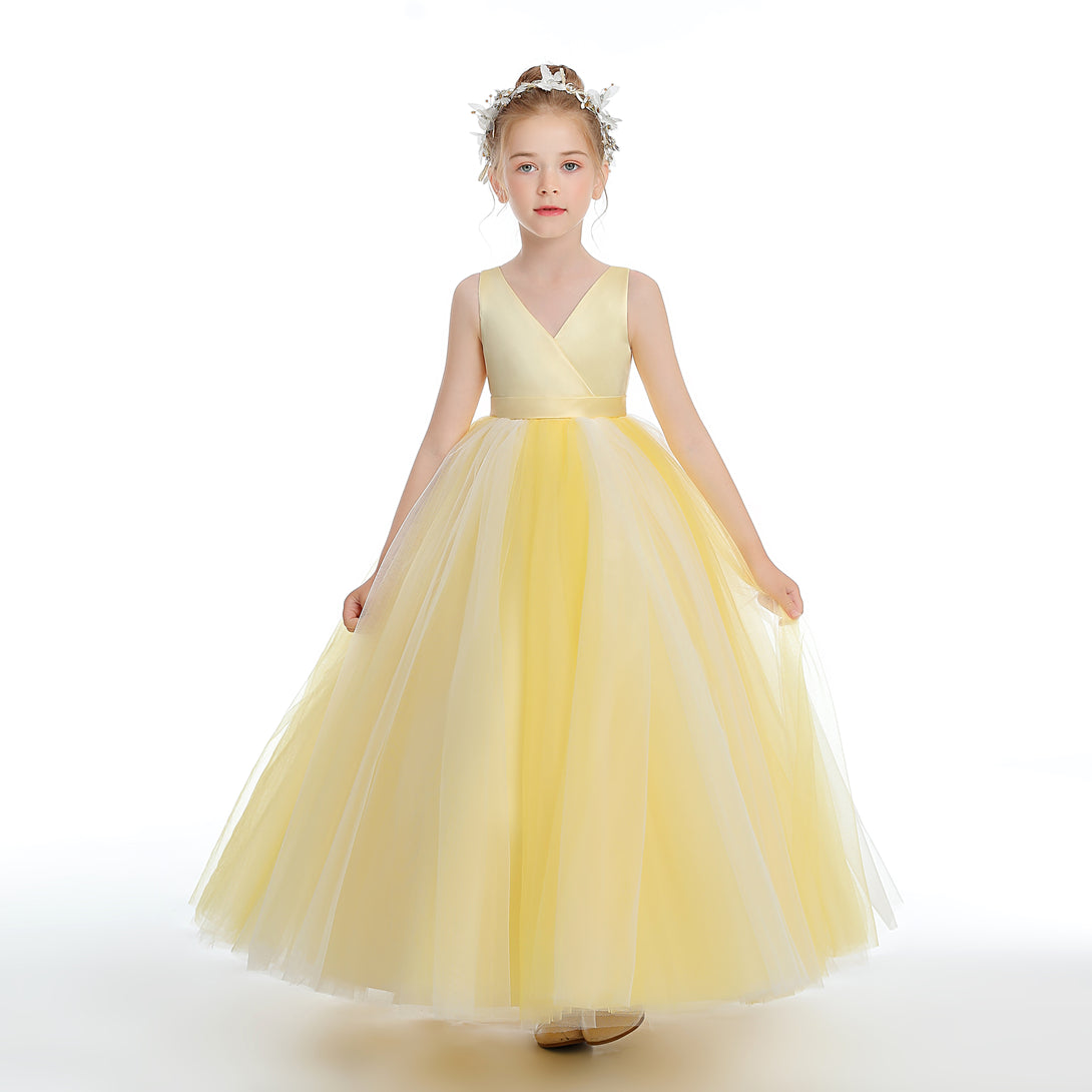 Ball Gown/Princess Sleeveless V-Neck Floor-Length Satin/Tulle Flower Girl Dresses With Belt Girls Gidiondress