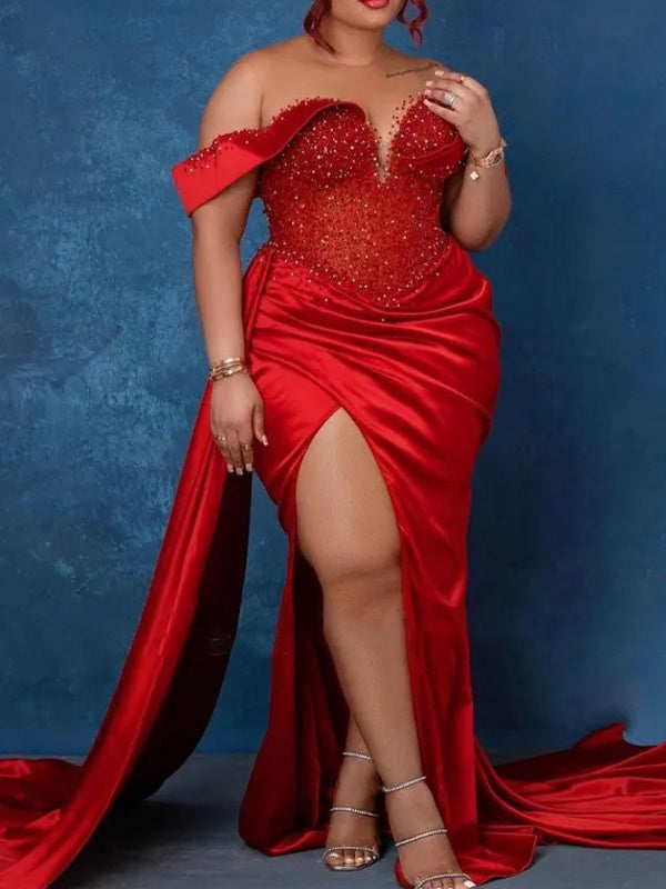 Trumpet/Mermaid Sweetheart Sleeveless Sweep Train High Split Evening Dresses With Beads BabaMila