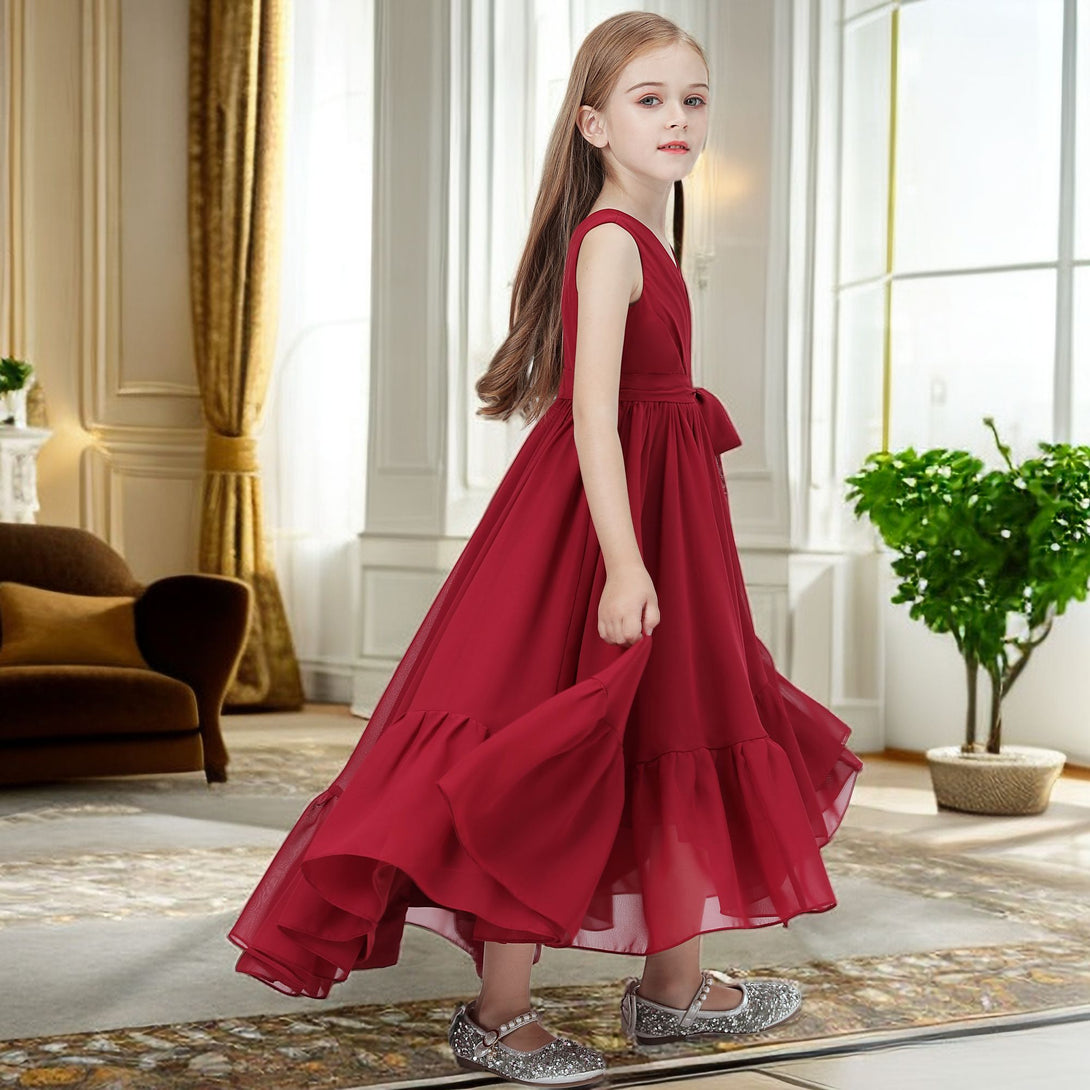 Asymmetrical Chiffon Junior Bridesmaid Dress/Girls Birthday Dresses With Pleated/Belt/Ruffled Gidiondress