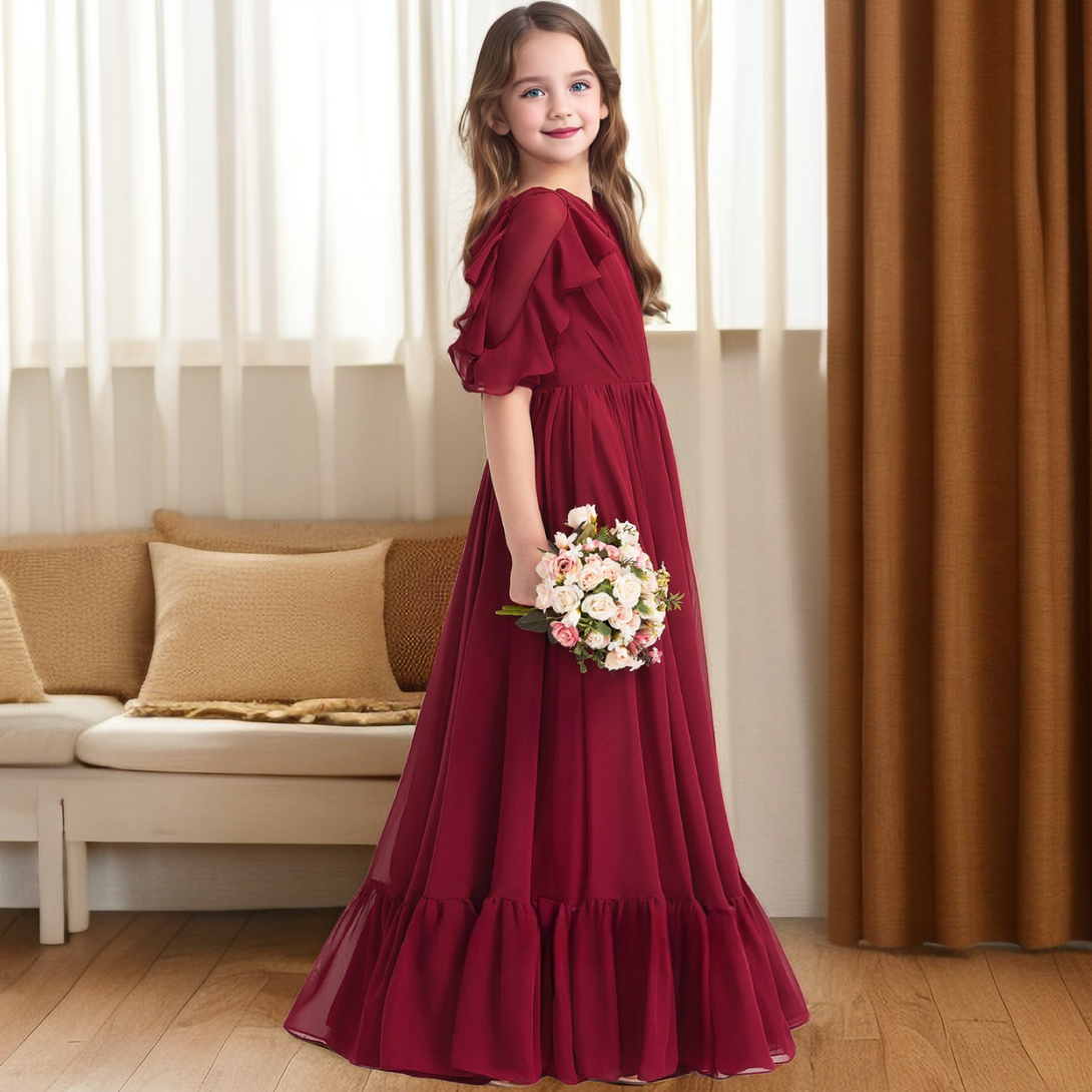 Scoop Neck Half Sleeve Floor-Length Chiffon Junior Bridesmaid Dress/Girls Birthday Dresses With Ruffled Hem/Pleated Girls Gidiondress as picture 12M
