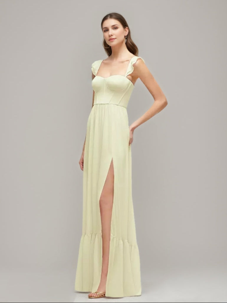 A-line/Princess Sweetheart Pleated Wedding Guest Dresses with Ruffle Straps & High Slit BabaMila