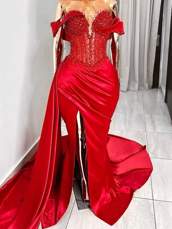 Trumpet/Mermaid Sweetheart Sleeveless Sweep Train High Split Evening Dresses With Beads BabaMila