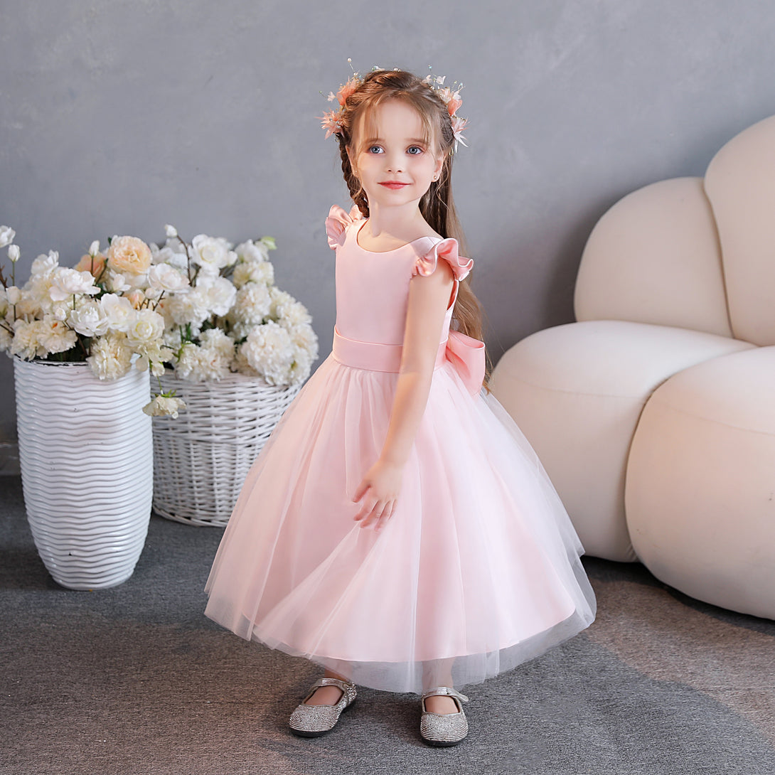 Ball Gown/Princess Scoop Neck Flutter Straps Tulle/Satin Tea-Length Flower Girl Dresses/Girls Birthday Dresses With Bow/Belt Girls Gidiondress as picture 12M