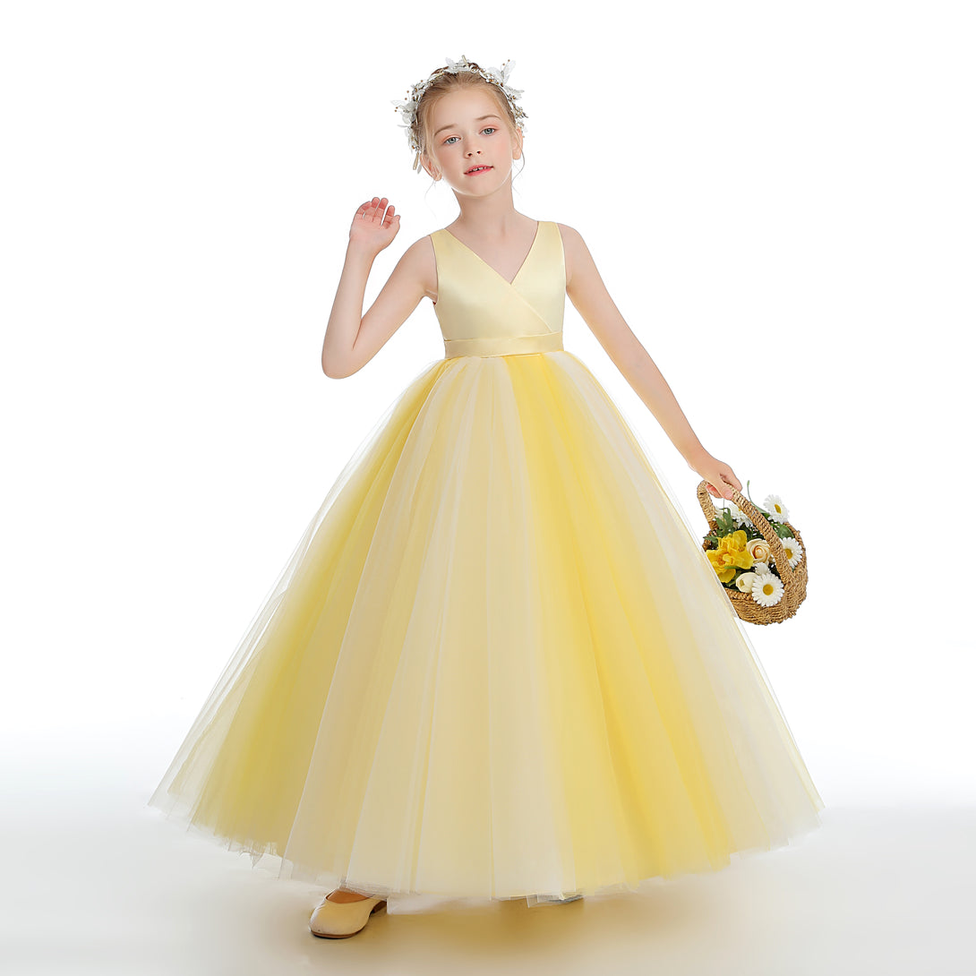 Ball Gown/Princess Sleeveless V-Neck Floor-Length Satin/Tulle Flower Girl Dresses With Belt Girls Gidiondress
