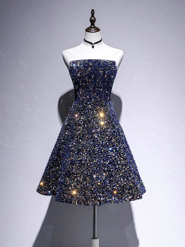 Dark Blue A-Line Sequin Lace Short Prom Dress, Cute Blue Homecoming Dress Homecoming Dress BabaMila