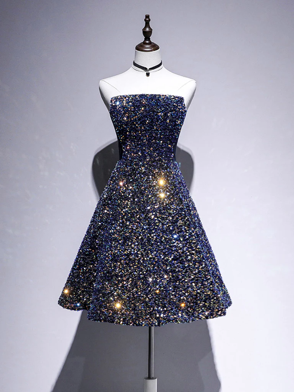Dark Blue A-Line Sequin Lace Short Prom Dress, Cute Blue Homecoming Dress Homecoming Dress BabaMila