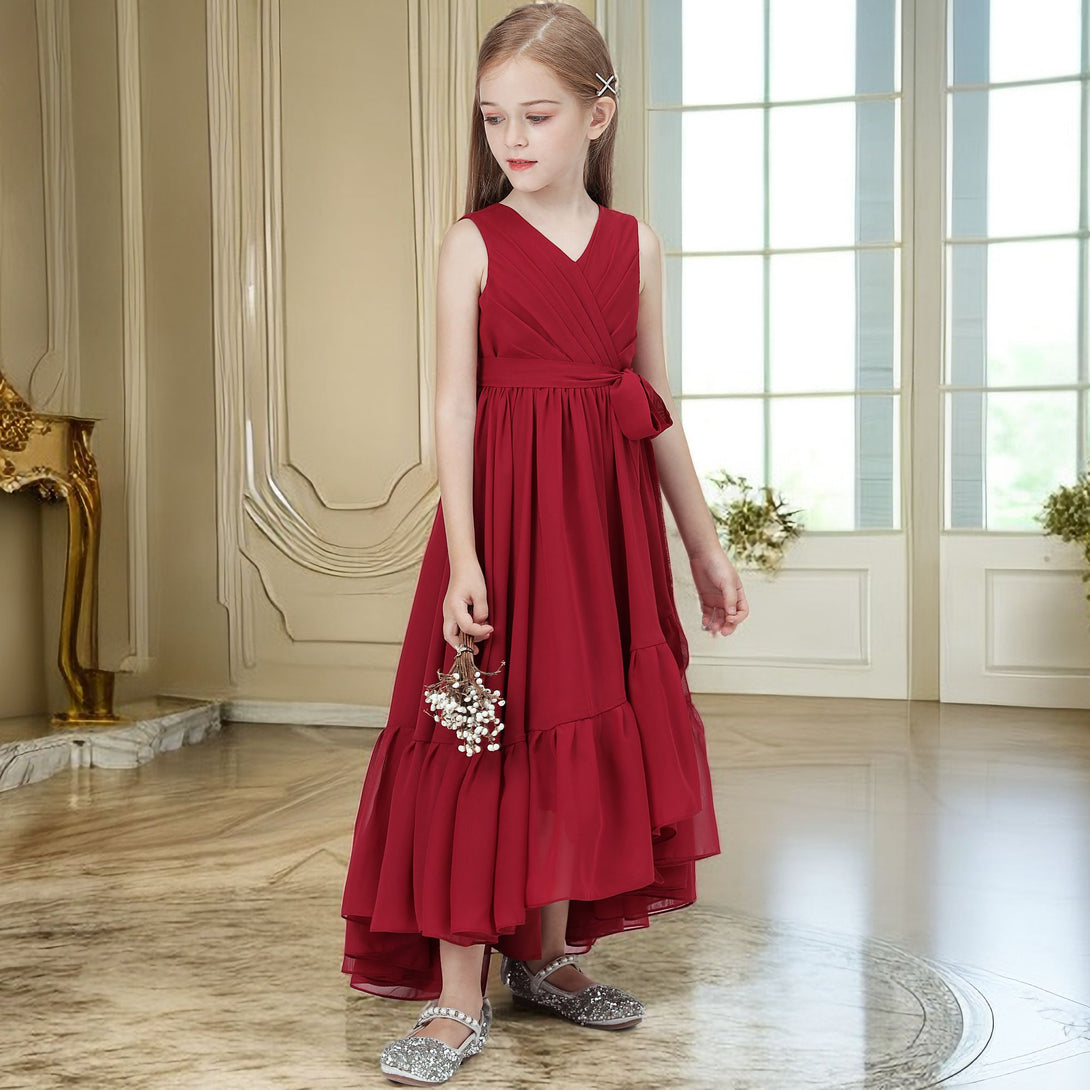 Asymmetrical Chiffon Junior Bridesmaid Dress/Girls Birthday Dresses With Pleated/Belt/Ruffled Gidiondress