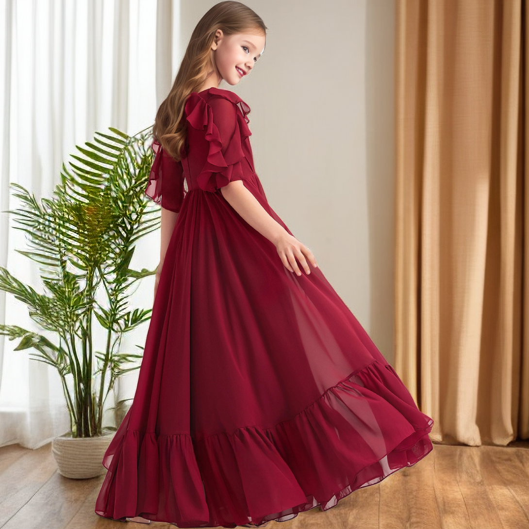 Scoop Neck Half Sleeve Floor-Length Chiffon Junior Bridesmaid Dress/Girls Birthday Dresses With Ruffled Hem/Pleated Girls Gidiondress