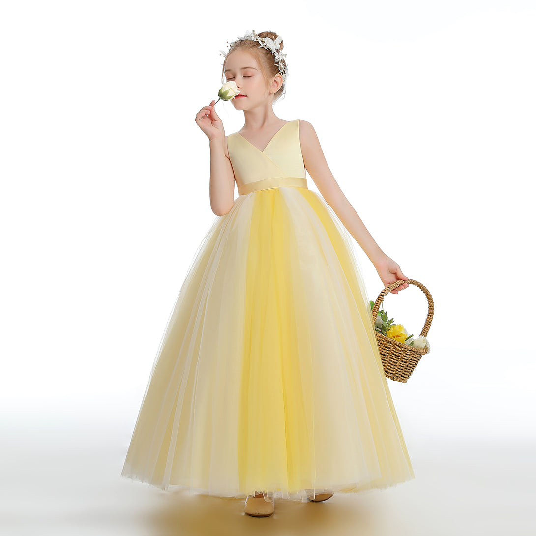 Ball Gown/Princess Sleeveless V-Neck Floor-Length Satin/Tulle Flower Girl Dresses With Belt Girls Gidiondress as picture 12M