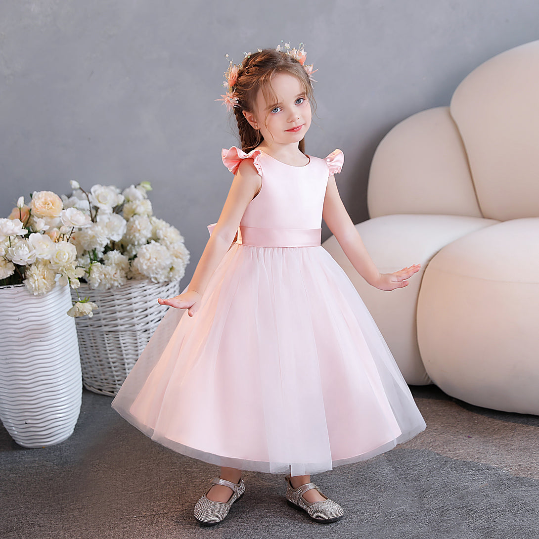 Ball Gown/Princess Scoop Neck Flutter Straps Tulle/Satin Tea-Length Flower Girl Dresses/Girls Birthday Dresses With Bow/Belt Girls Gidiondress
