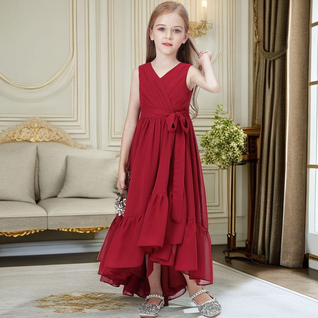 Asymmetrical Chiffon Junior Bridesmaid Dress/Girls Birthday Dresses With Pleated/Belt/Ruffled Gidiondress