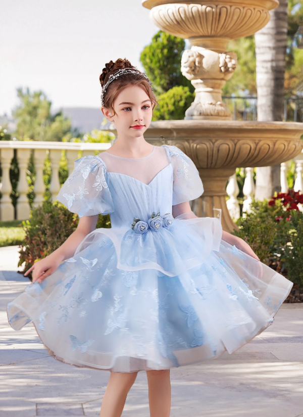 Scoop Neck Puff Sleeve Knee-Length Exquisite Lace/Tulle Girls Birthday Dresses With Pleated/Appliques/3D Flower Gidiondress