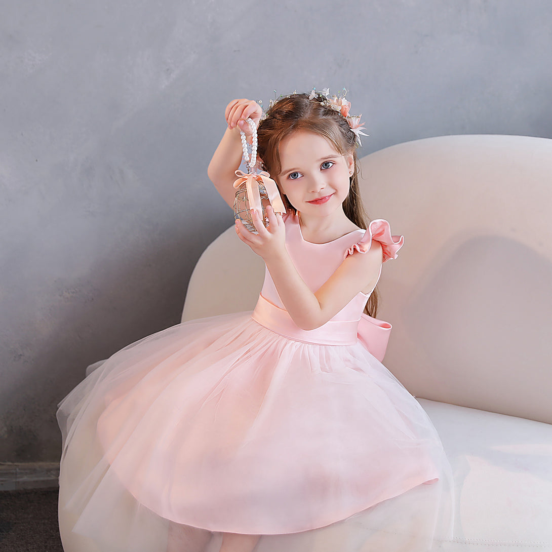 Ball Gown/Princess Scoop Neck Flutter Straps Tulle/Satin Tea-Length Flower Girl Dresses/Girls Birthday Dresses With Bow/Belt Girls Gidiondress