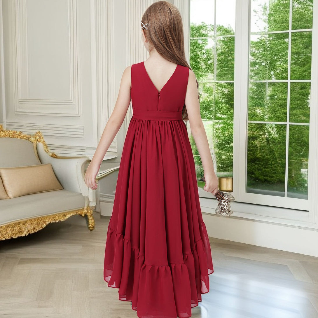Asymmetrical Chiffon Junior Bridesmaid Dress/Girls Birthday Dresses With Pleated/Belt/Ruffled Gidiondress