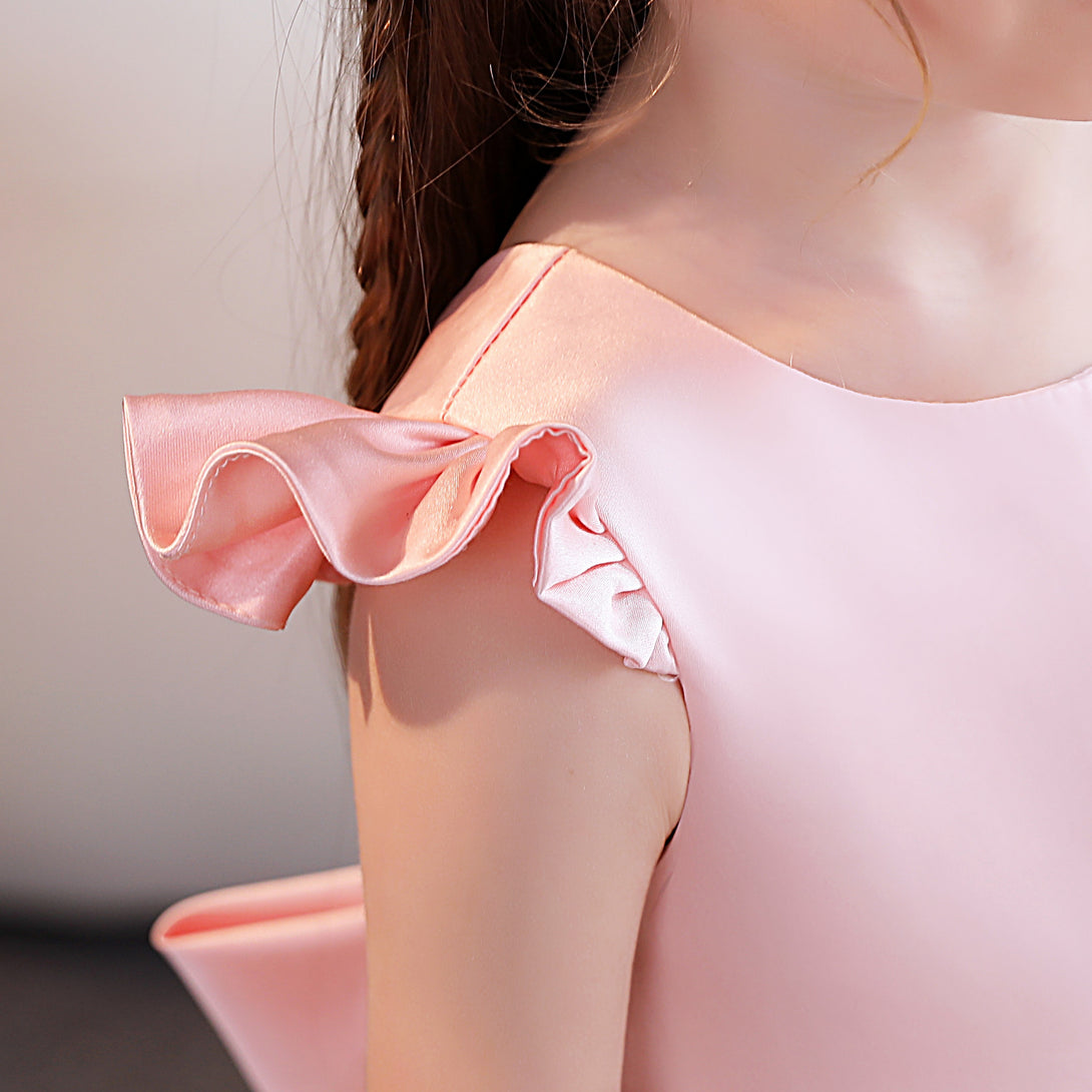 Ball Gown/Princess Scoop Neck Flutter Straps Tulle/Satin Tea-Length Flower Girl Dresses/Girls Birthday Dresses With Bow/Belt Girls Gidiondress