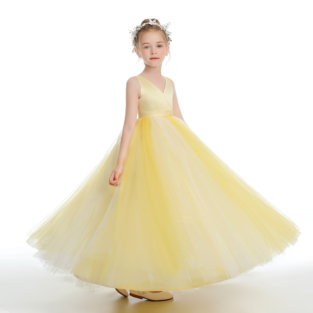 Ball Gown/Princess Sleeveless V-Neck Floor-Length Satin/Tulle Flower Girl Dresses With Belt Girls Gidiondress
