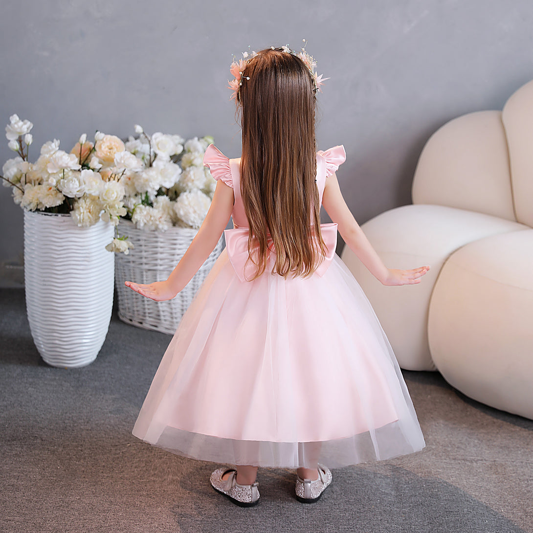 Ball Gown/Princess Scoop Neck Flutter Straps Tulle/Satin Tea-Length Flower Girl Dresses/Girls Birthday Dresses With Bow/Belt Girls Gidiondress