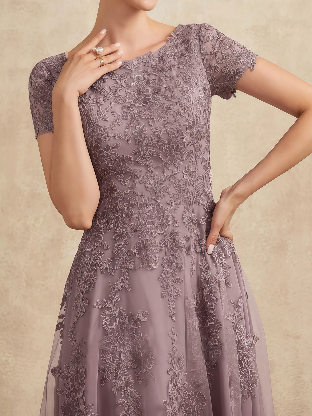A-Line Scoop Neck Short Sleeve Tea-Length Tulle/Lace Mother of the Bride Dress With Appliques BabaMila