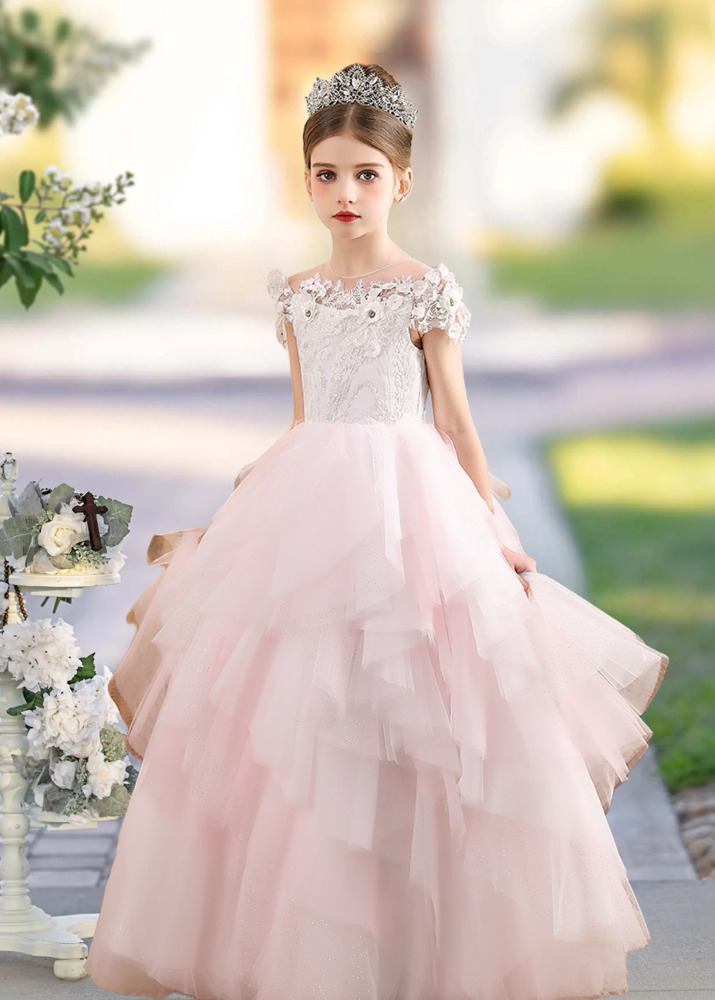 Ball Gown Scoop Neck Short Sleeve Floor-Length Lace/Tulle/Satin Girls Birthday Dresses With Appliques/3D Flower Girls Gidiondress
