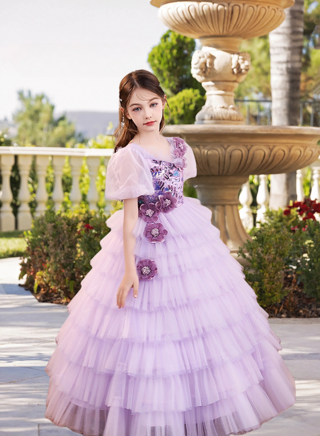 Scoop Neck Puff Sleeve Floor-Length Exquisite Sequins/Lace/Tulle Girl's Cake Dresses With Appliques/3D Flower Gidiondress